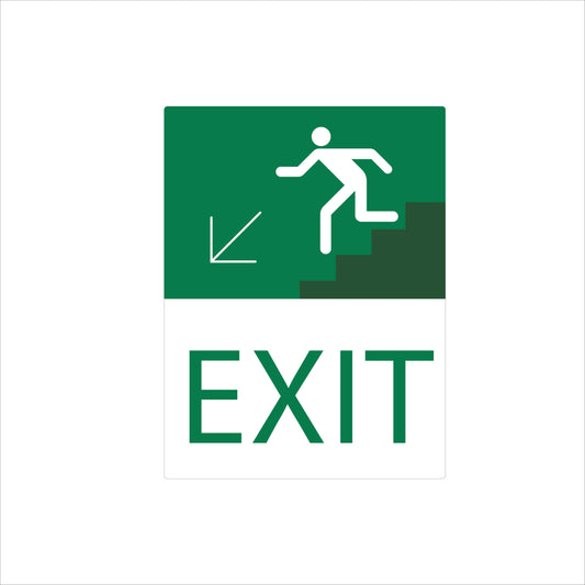 Emergency Exit Sign – Down-Left Arrow Running Man – 7″W × 12″H